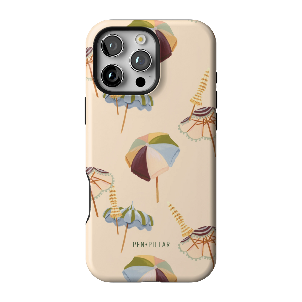Umbrellas case on iPhone 16 Pro Max, back view: striped beach umbrellas and loungers on warm sand