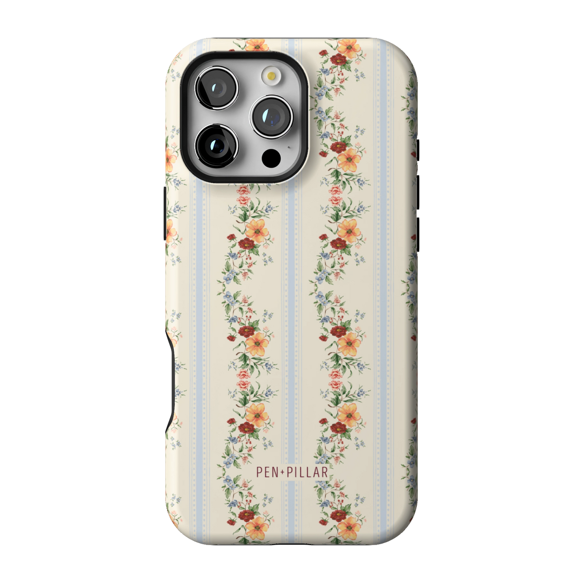 Wallflower case on iPhone 16 Pro Max, back view: floral garlands in orange and blush on cream and pale blue stripes