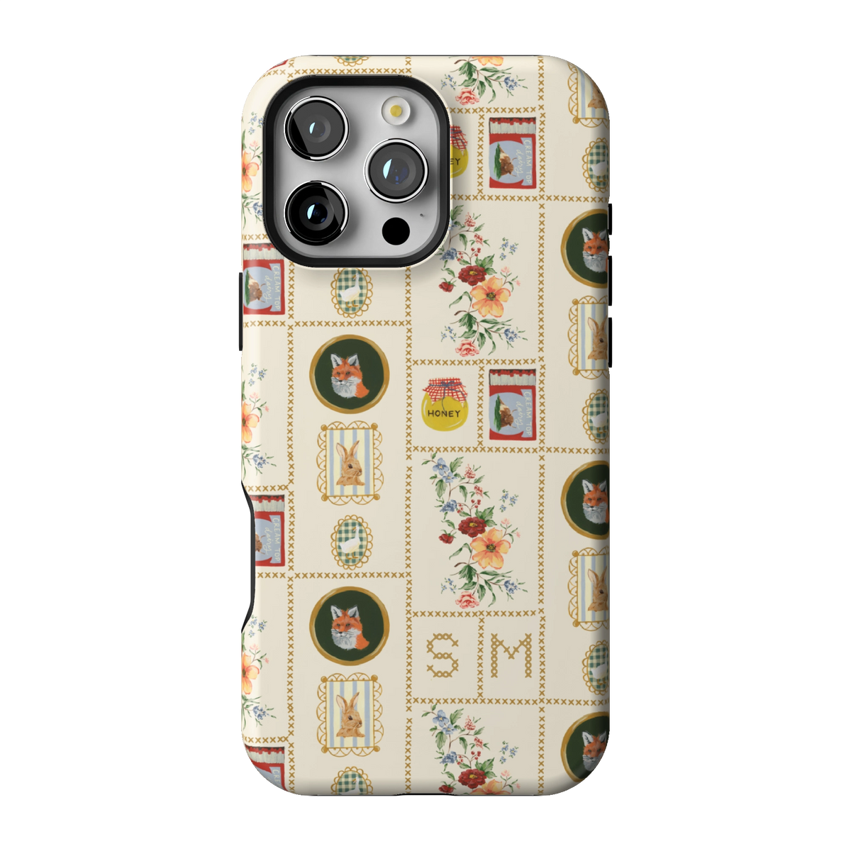Sampler Personalized case on iPhone 16 Pro Max, back view: cross-stitch style squares of jars, animals and florals on cream with the initials SM