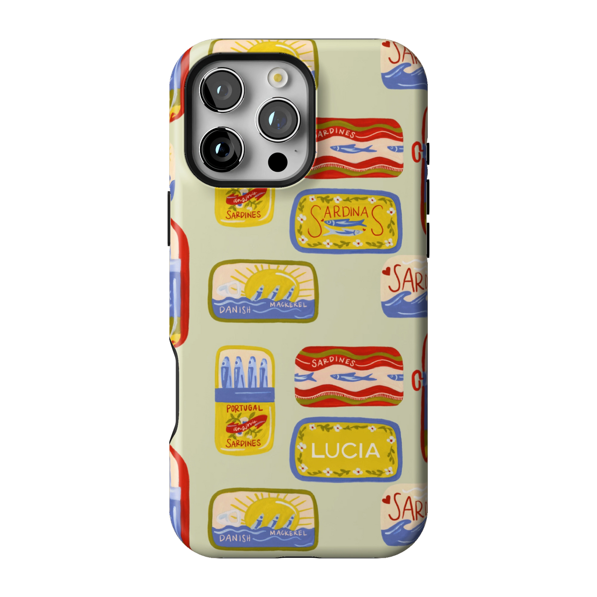 Sardines Personalized case on iPhone 16 Pro Max, back view: vintage sardine tins on pale sage with the name Lucia