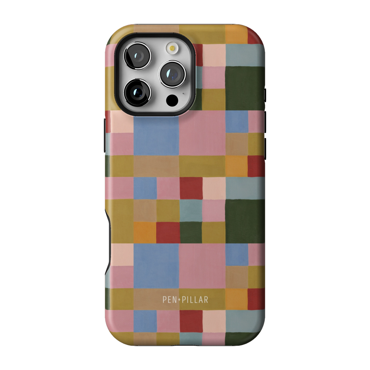 Colorblock case on iPhone 16 Pro Max, back view: painterly squares in blush, sky blue, mustard, rust and forest green
