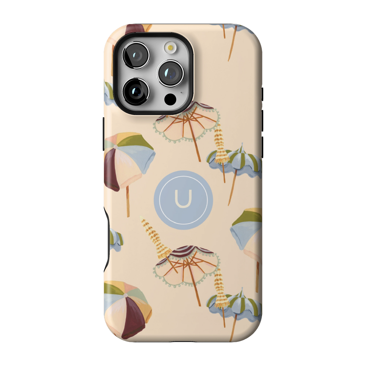 Umbrellas Personalized case on iPhone 16 Pro Max, back view: striped beach umbrellas and loungers on warm sand with the initial U
