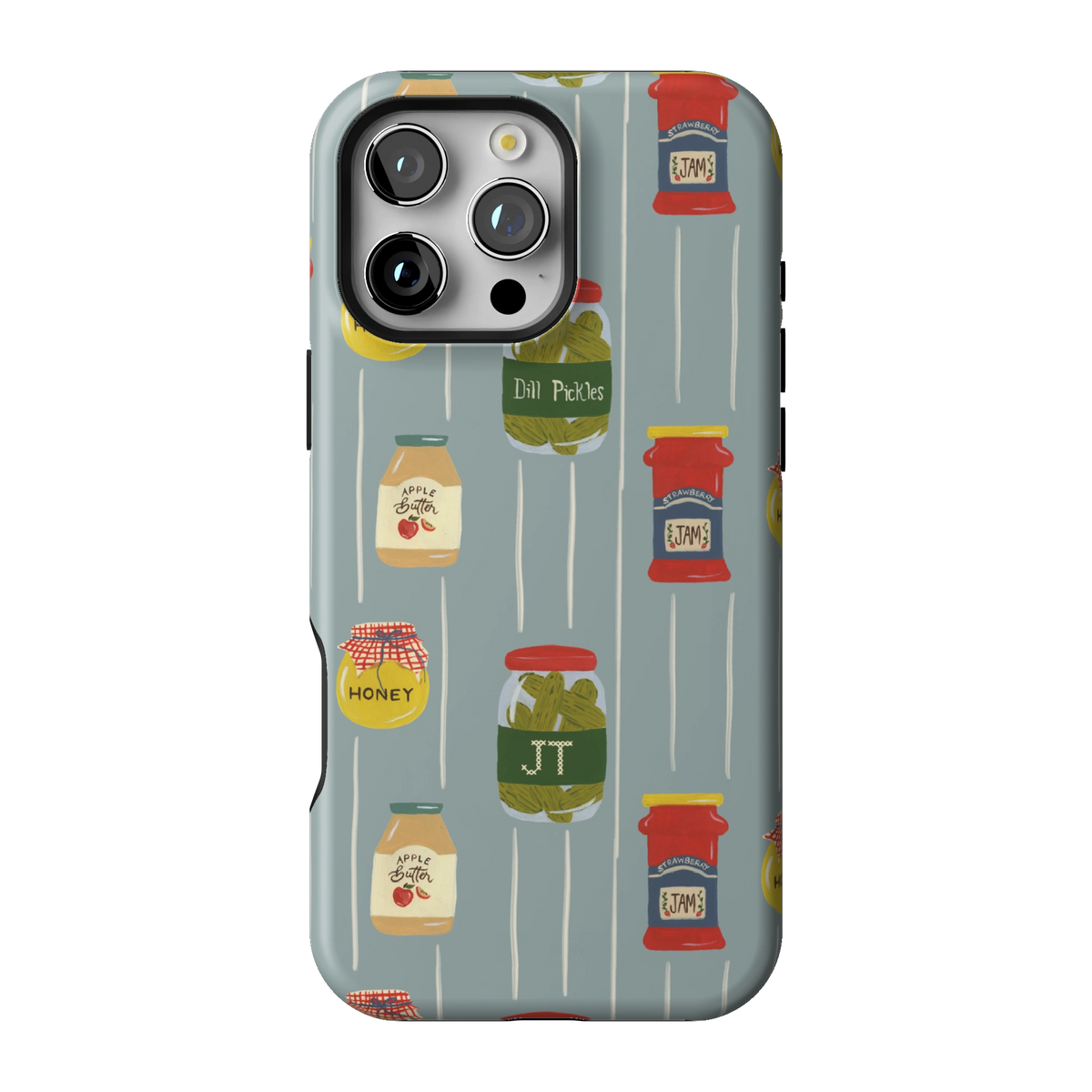 Preserves Personalized case on iPhone 16 Pro Max, back view: jars of honey, pickles and jam on slate blue stripes with the initials JT