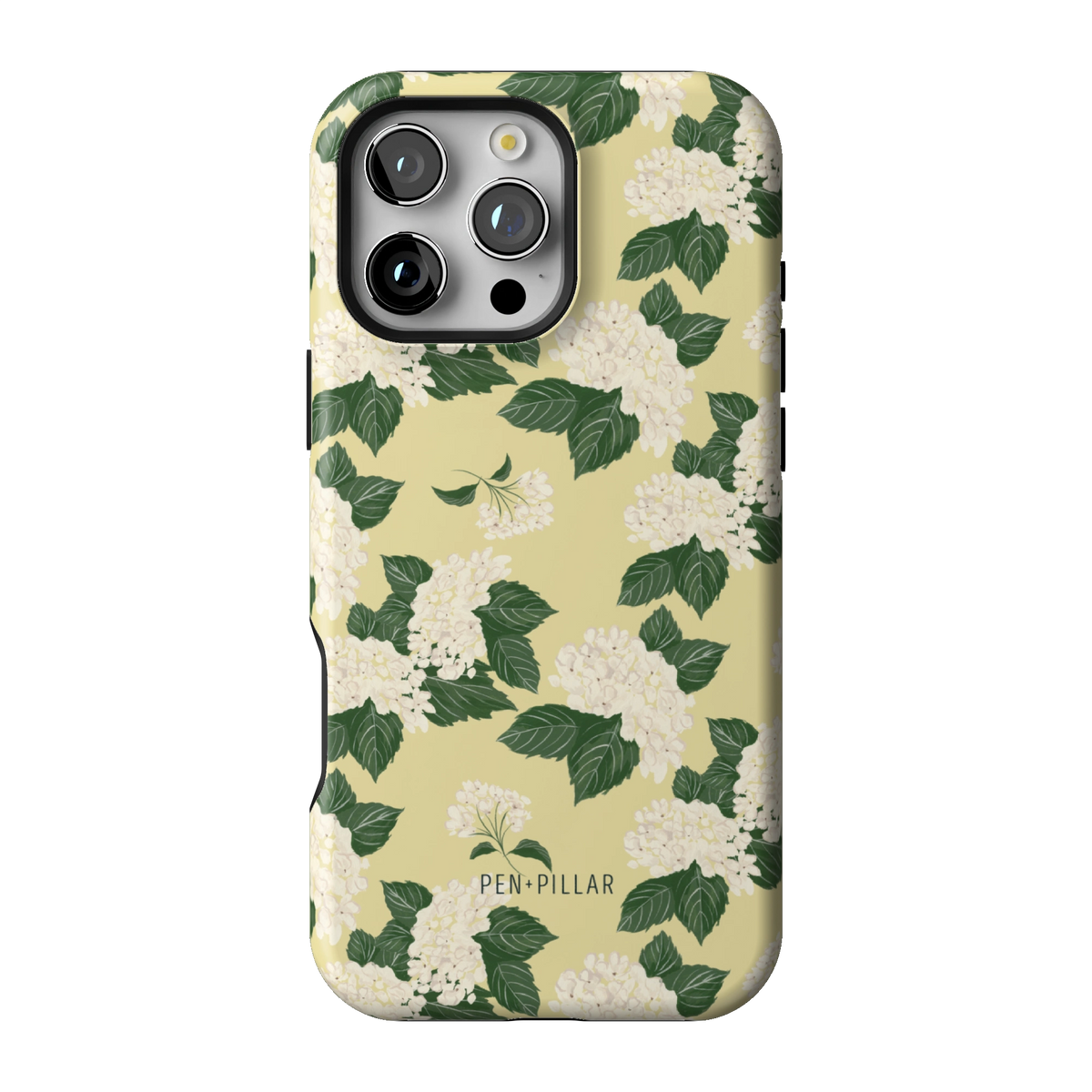 Hydrangea case on iPhone 16 Pro Max, back view: white hydrangeas and green leaves on buttery yellow