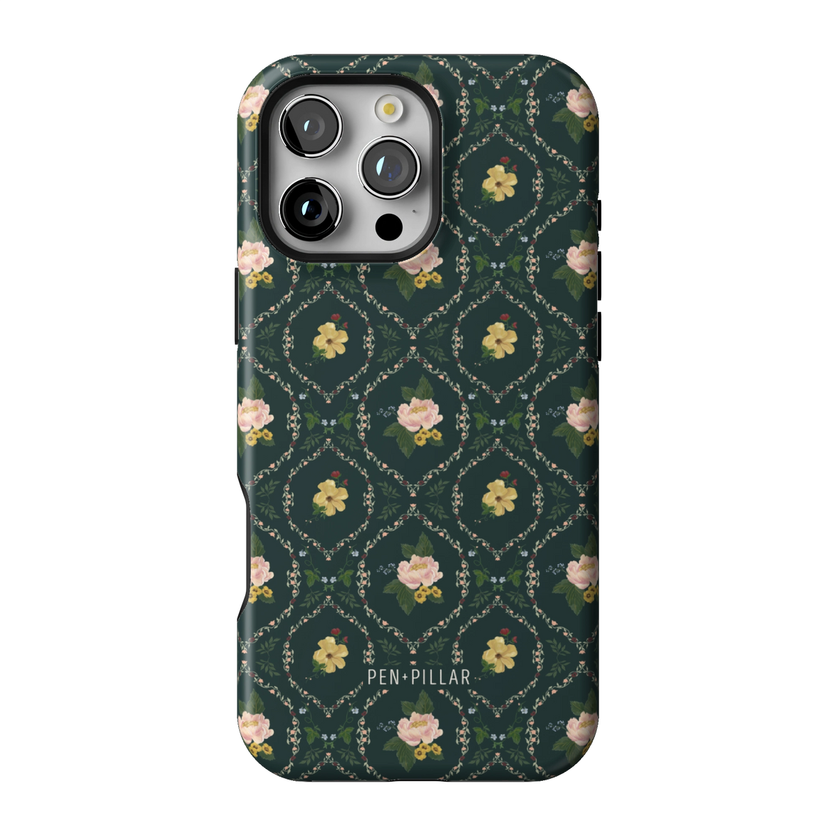 Meadow case on iPhone 16 Pro Max, back view: small yellow and pink flowers in a diamond trellis on deep green