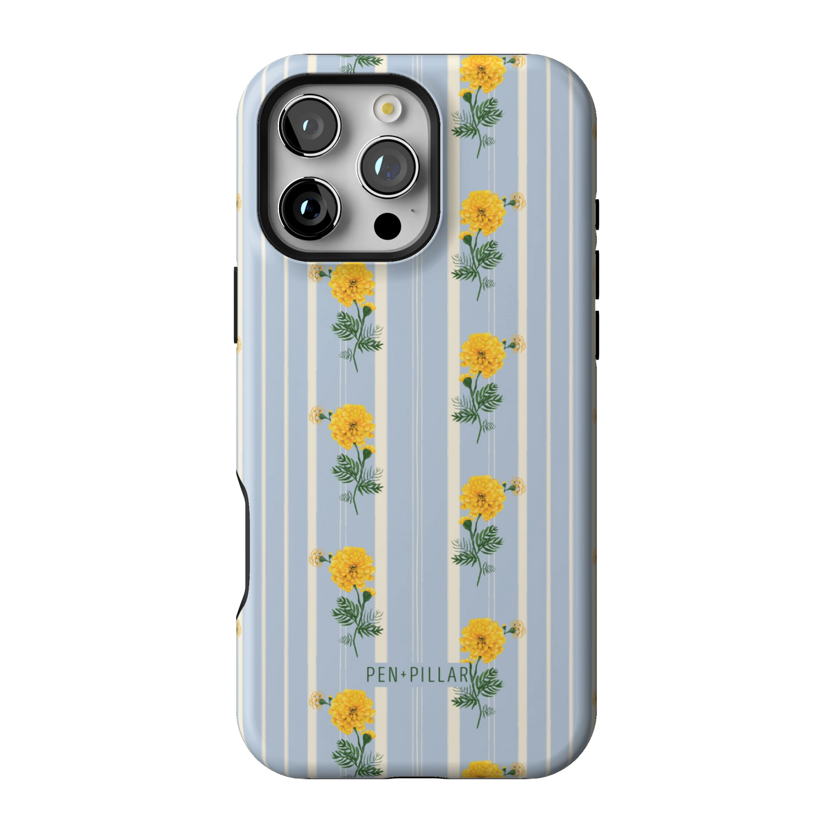 October Birth Month case on iPhone 16 Pro Max, back view: yellow marigolds on blue and cream stripes