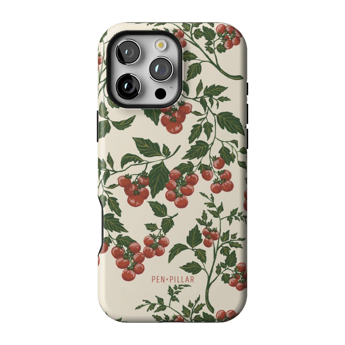 Tomato Vines case on iPhone 16 Pro Max, back view: red tomatoes on leafy green vines over cream