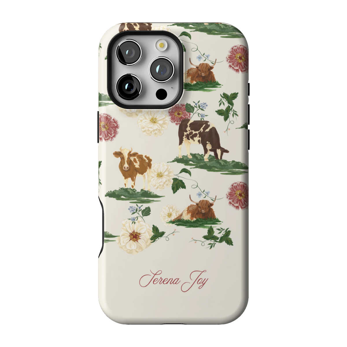 Pasture Personalized case on iPhone 16 Pro Max, back view: cows and dahlias in a countryside scene on cream with a name in script