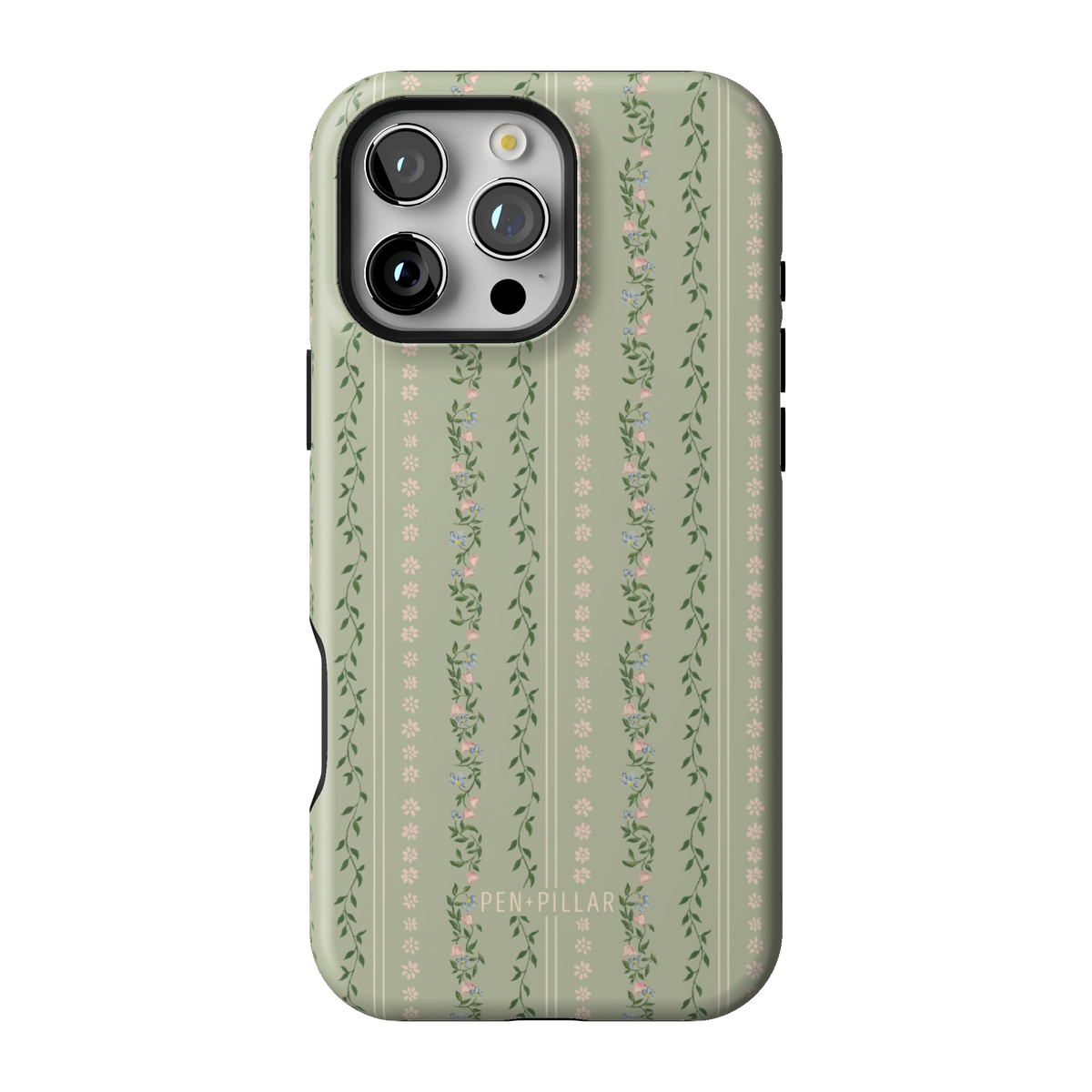 Camellia case on iPhone 16 Pro Max, back view: sage green with soft floral stripes