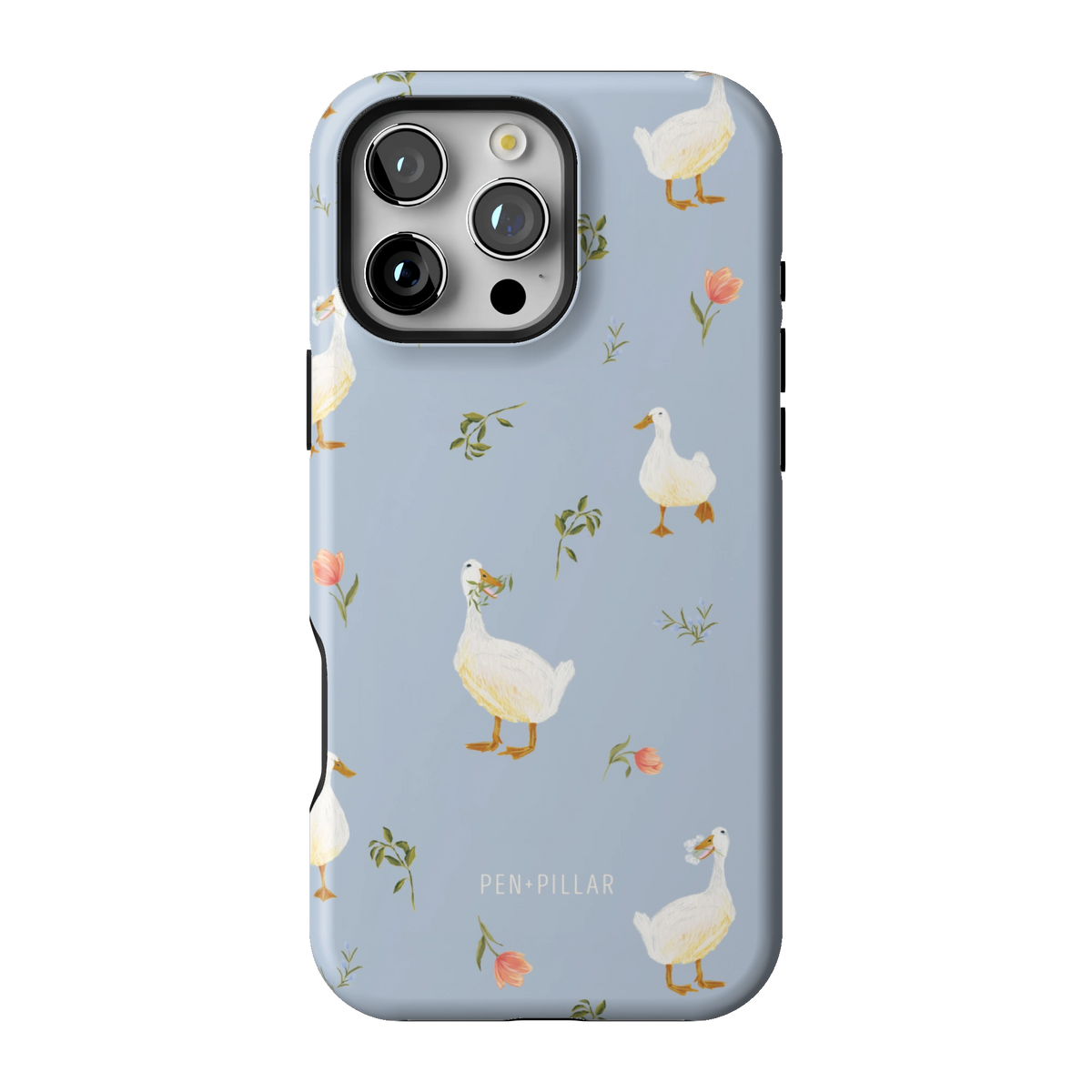 Ducks case on iPhone 16 Pro Max, back view: white ducks and small flower sprigs on soft blue