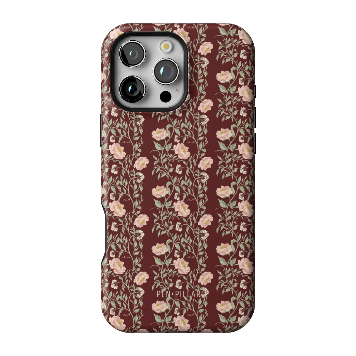 Thicket case on iPhone 16 Pro Max, back view: dense blush and cream florals on deep burgundy