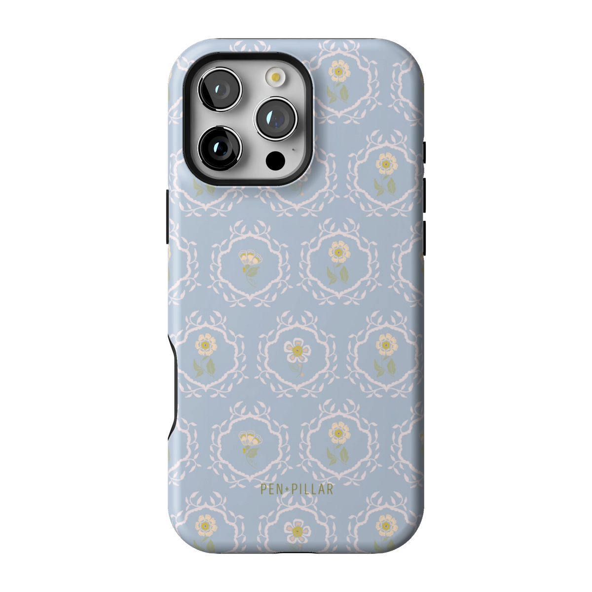 Merrigold case on iPhone 16 Pro Max, back view: small white florals in a lattice on pale blue