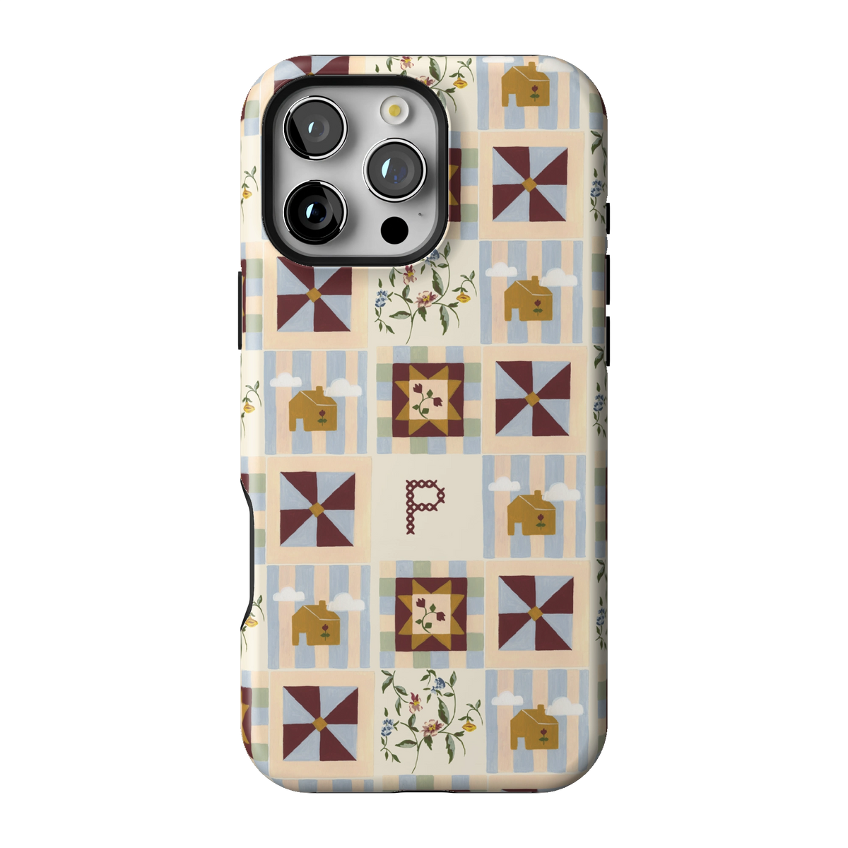 Pinwheel Personalized case on iPhone 16 Pro Max, back view: burgundy pinwheel quilt blocks on blue stripes with the initial P
