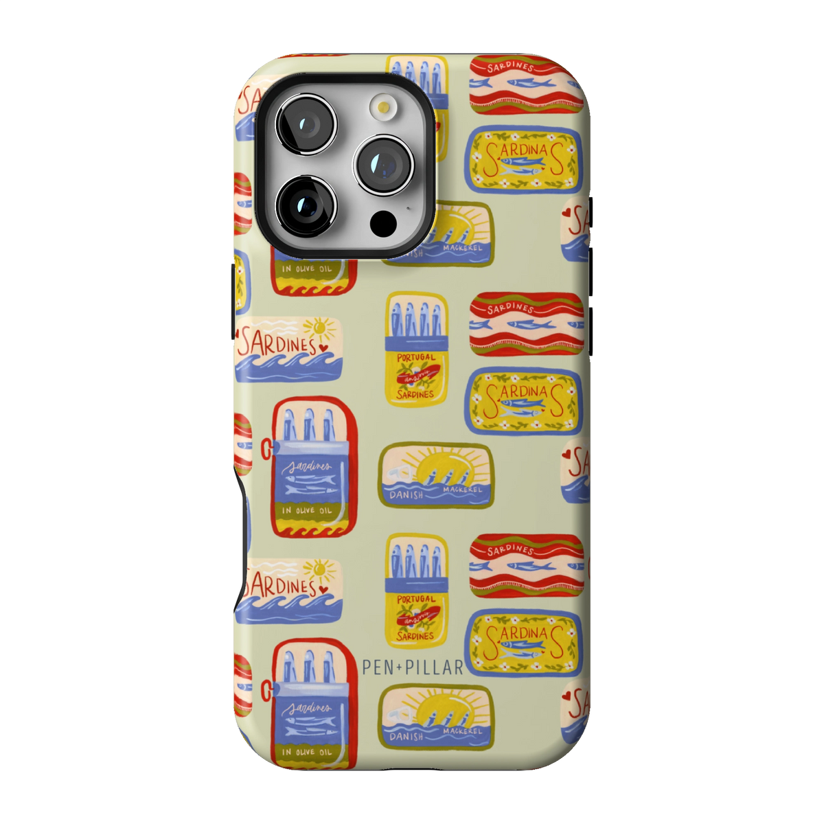 Sardines case on iPhone 16 Pro Max, back view: vintage sardine tins on pale sage