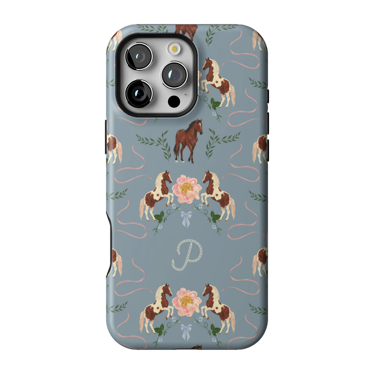 Prairie Personalized case on iPhone 16 Pro Max, back view: horses and blush florals on dusty blue with the initial P