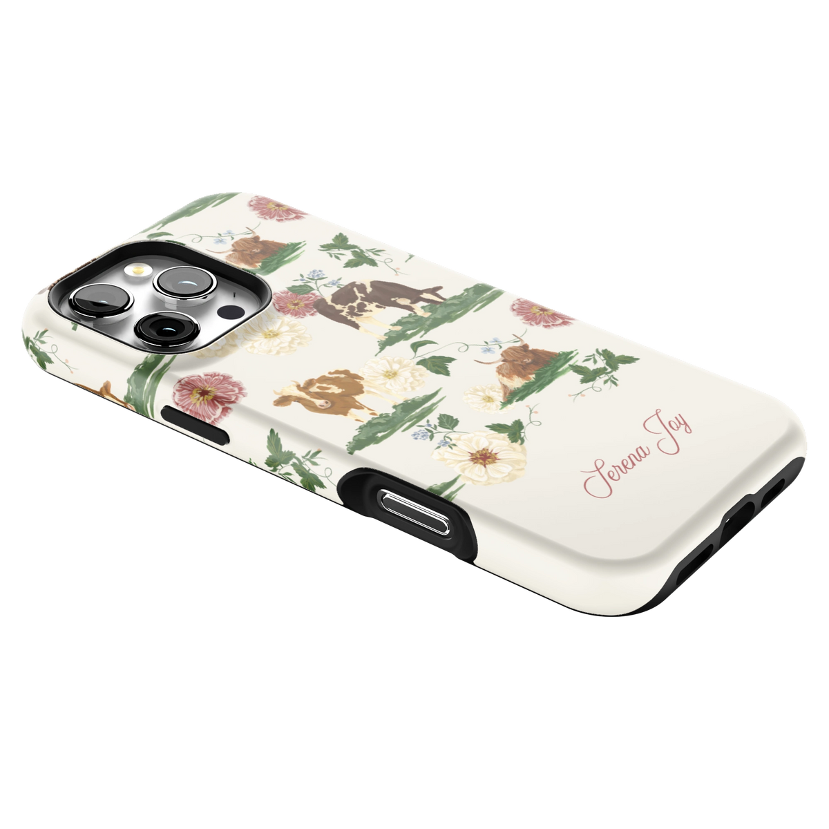 Pasture Personalized iPhone 16 Pro Max case lying at an angle, showing the side buttons and print wrapping the edges