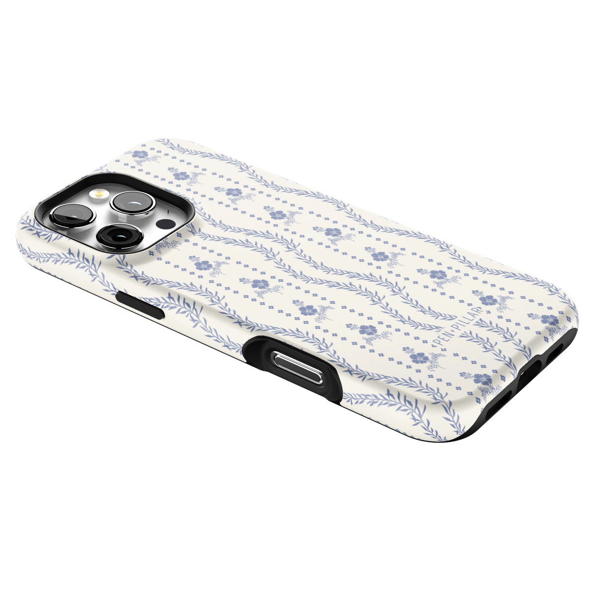 Riviera iPhone 16 Pro Max case lying at an angle, showing the side buttons and print wrapping the edges