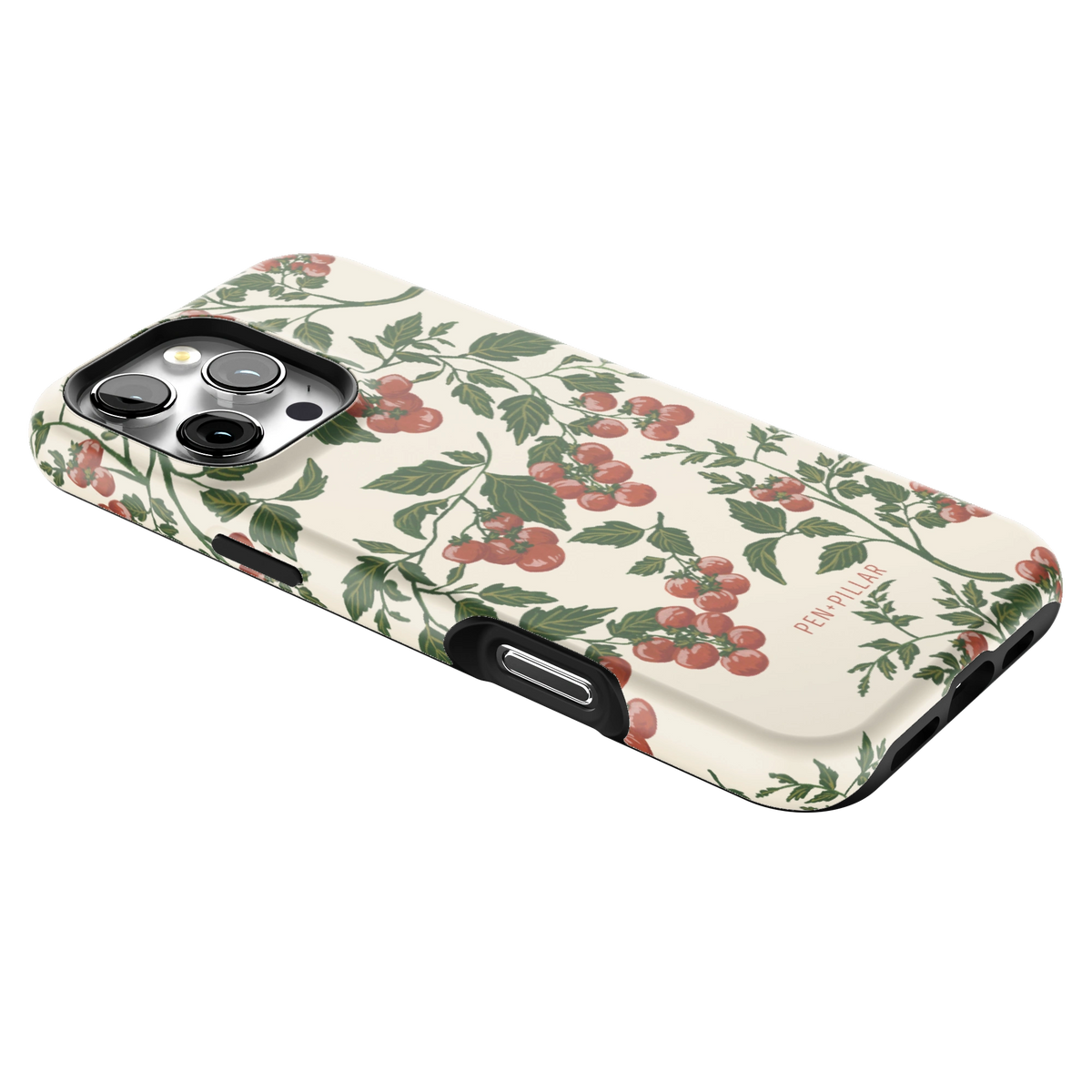 Tomato Vines iPhone 16 Pro Max case lying at an angle, showing the side buttons and print wrapping the edges