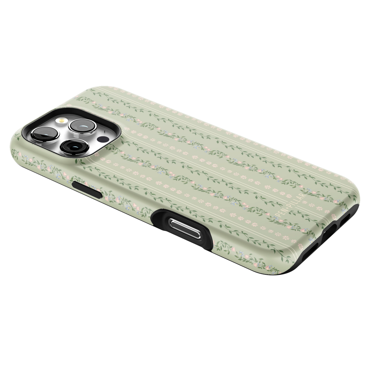 Camellia iPhone 16 Pro Max case lying at an angle, showing the side buttons and print wrapping the edges