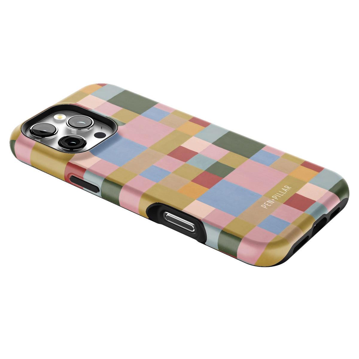 Colorblock iPhone 16 Pro Max case lying at an angle, showing the side buttons and print wrapping the edges