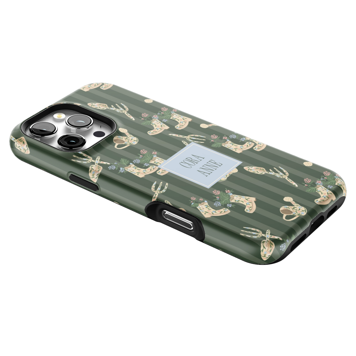 In the Garden Personalized iPhone 16 Pro Max case lying at an angle, showing the side buttons and print wrapping the edges
