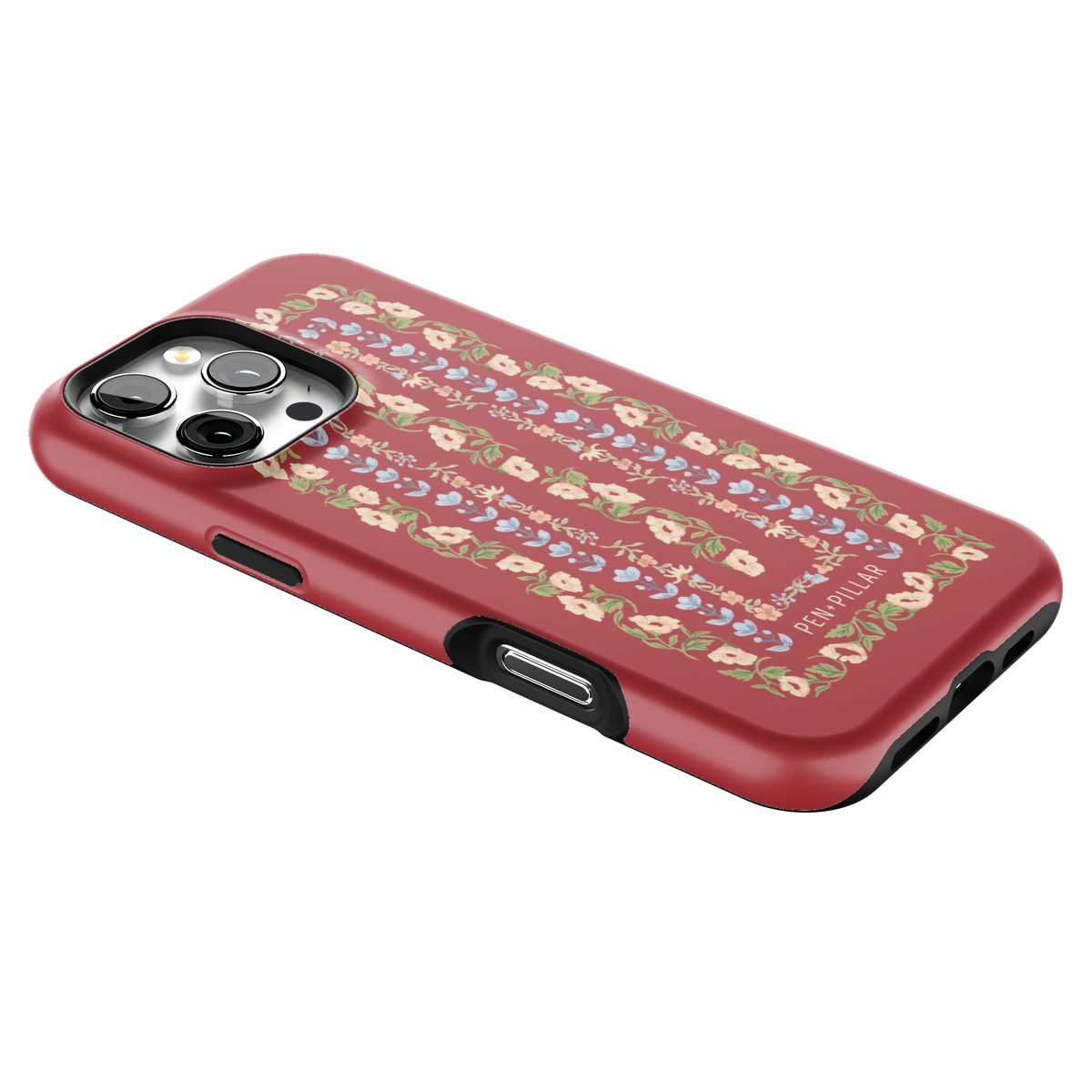 Fiona iPhone 16 Pro Max case lying at an angle, showing the side buttons and print wrapping the edges