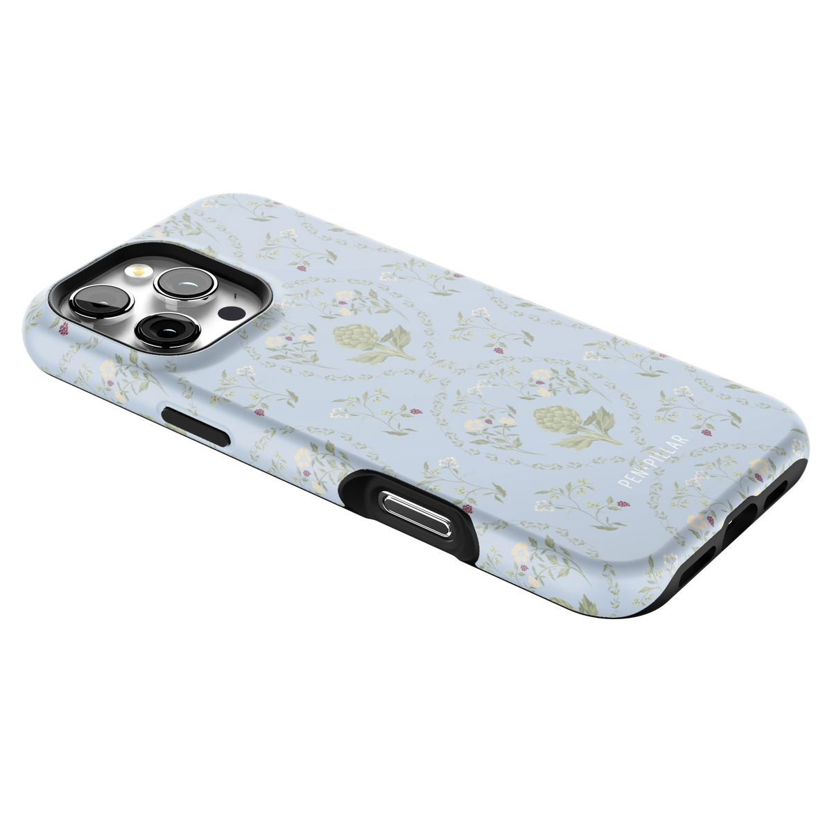 Artichoke iPhone 16 Pro Max case lying at an angle, showing the side buttons and print wrapping the edges