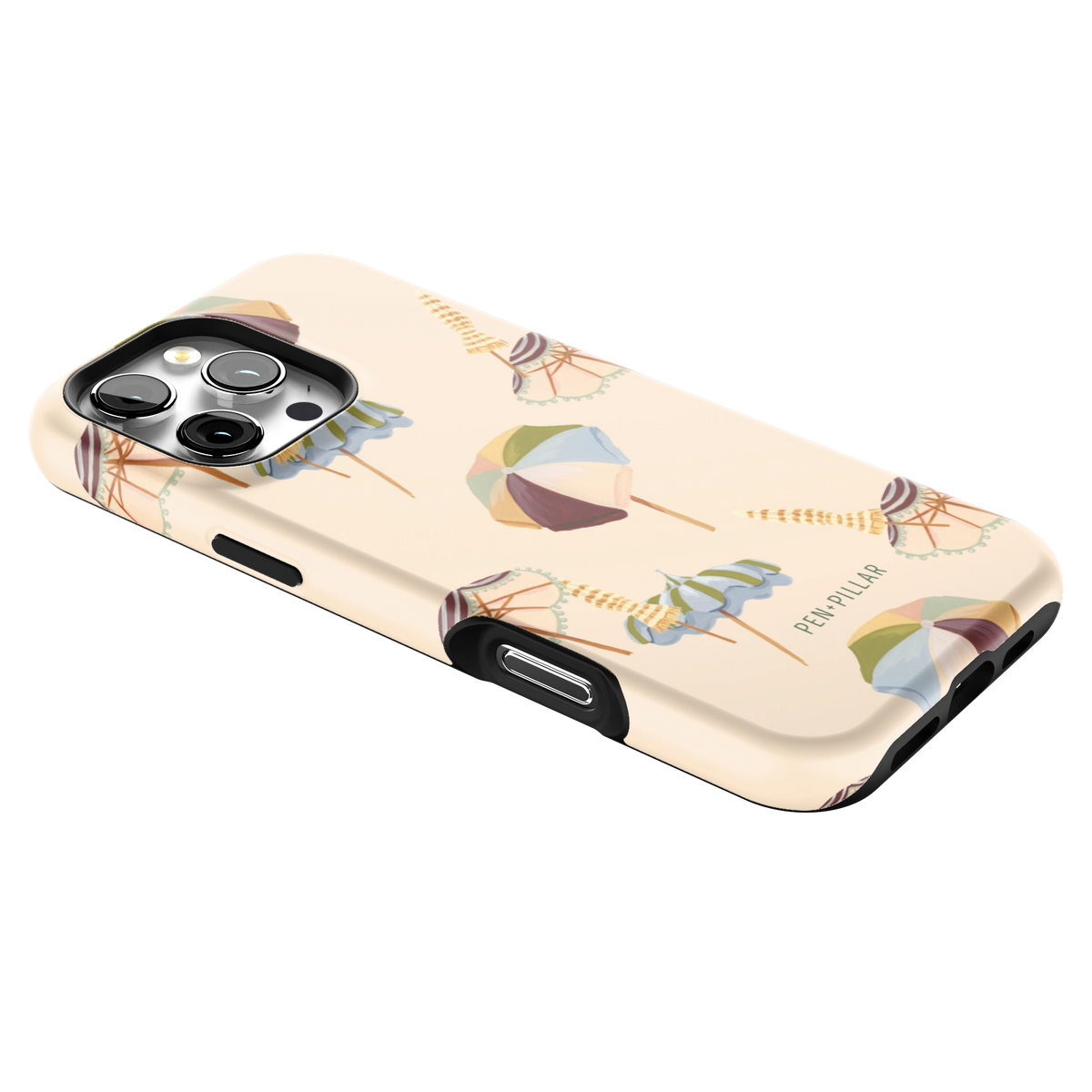 Umbrellas iPhone 16 Pro Max case lying at an angle, showing the side buttons and print wrapping the edges