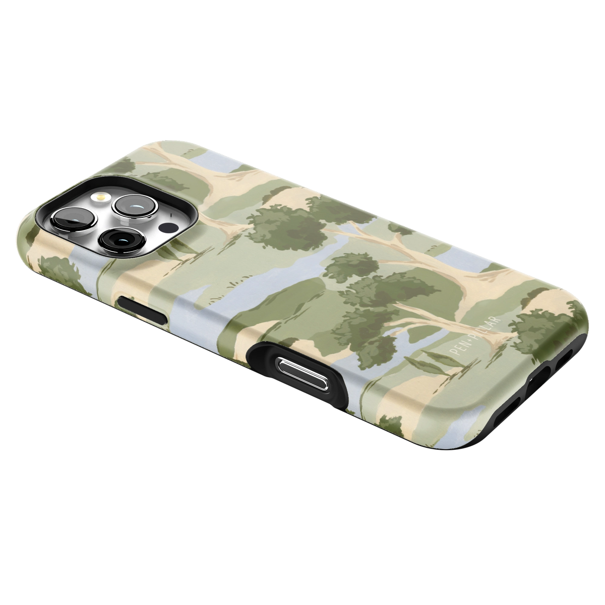 Orchard iPhone 16 Pro Max case lying at an angle, showing the side buttons and print wrapping the edges