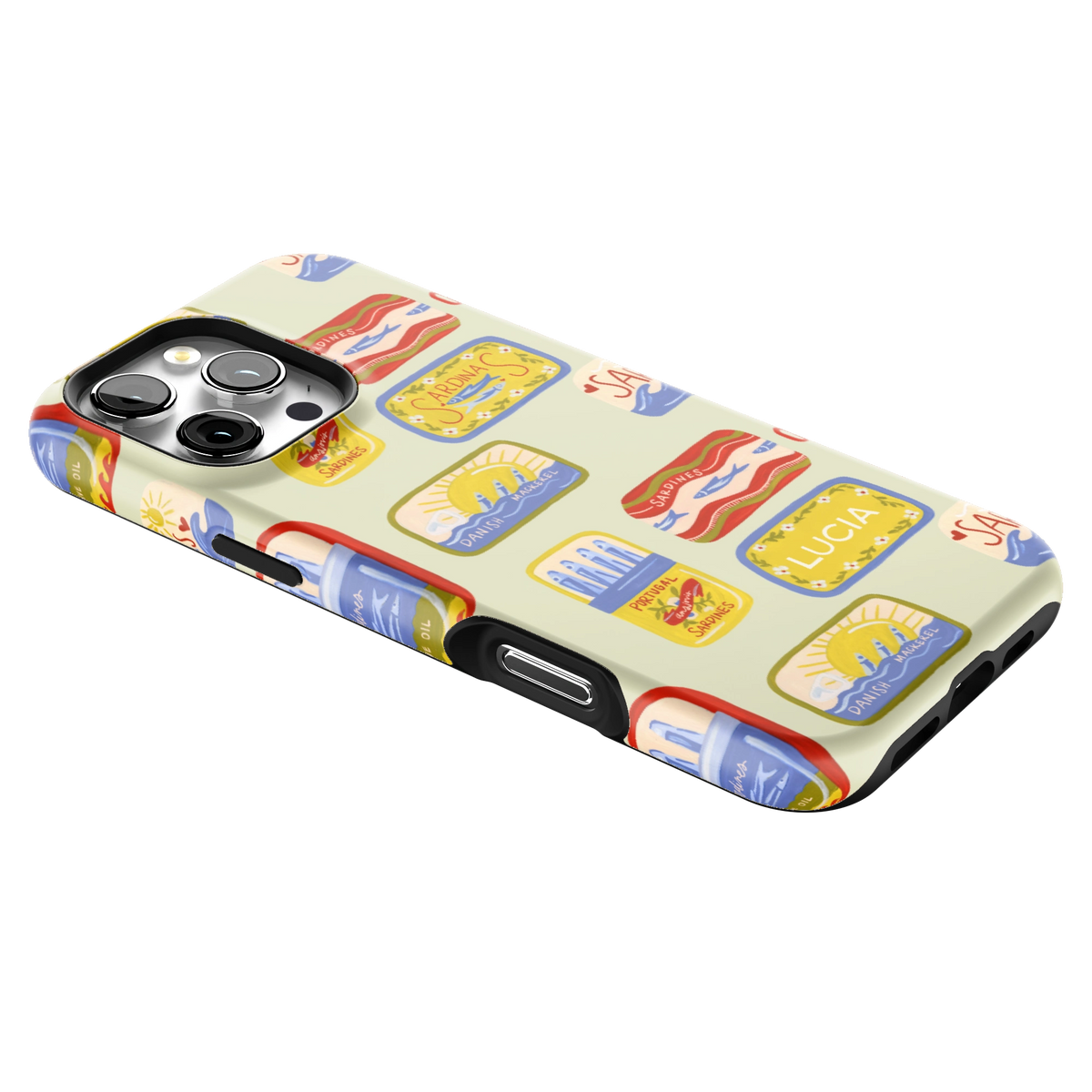 Sardines Personalized iPhone 16 Pro Max case lying at an angle, showing the side buttons and print wrapping the edges