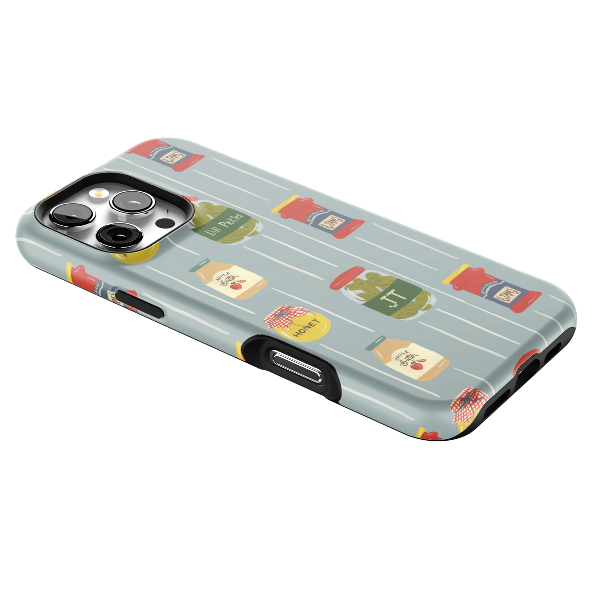Preserves Personalized iPhone 16 Pro Max case lying at an angle, showing the side buttons and print wrapping the edges