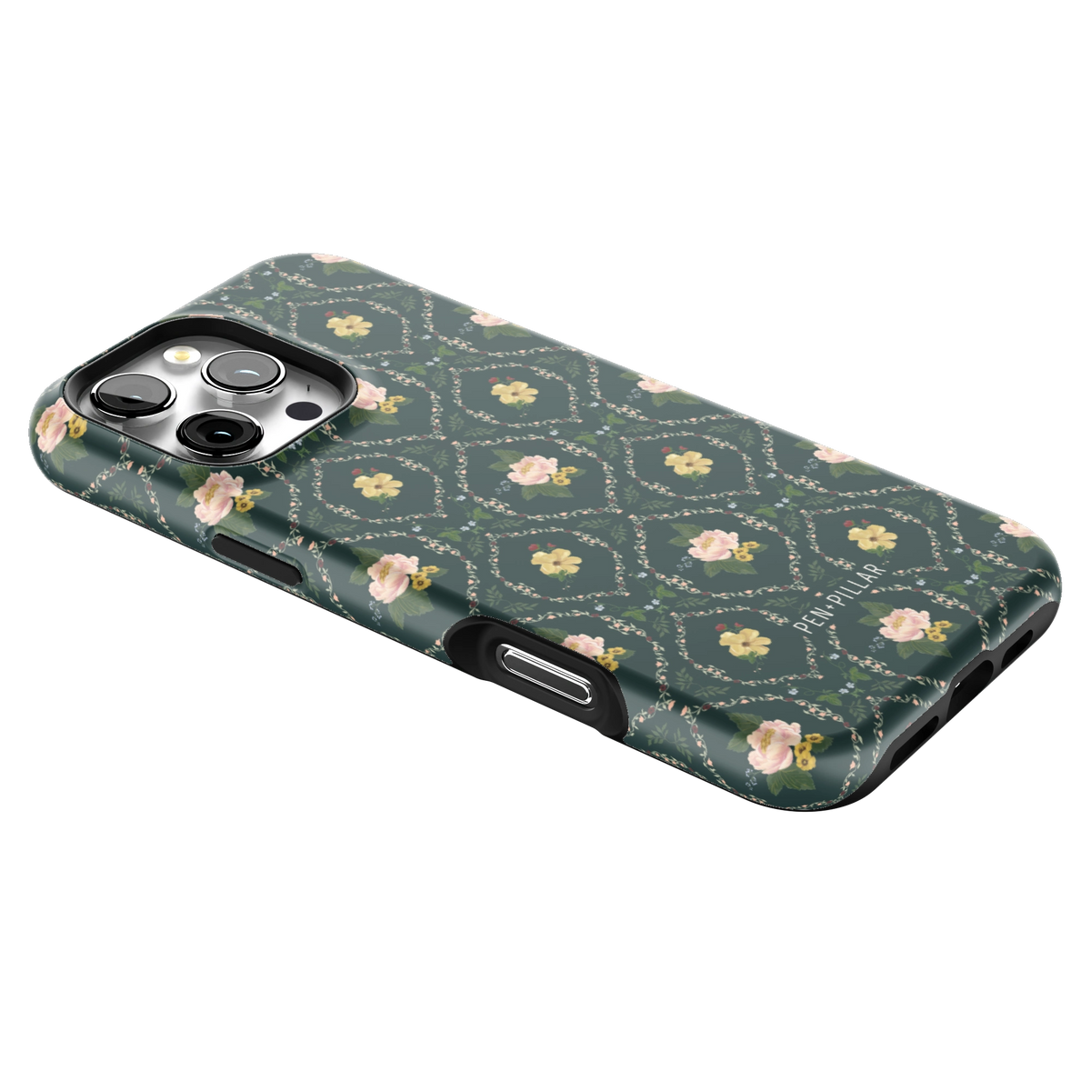 Meadow iPhone 16 Pro Max case lying at an angle, showing the side buttons and print wrapping the edges
