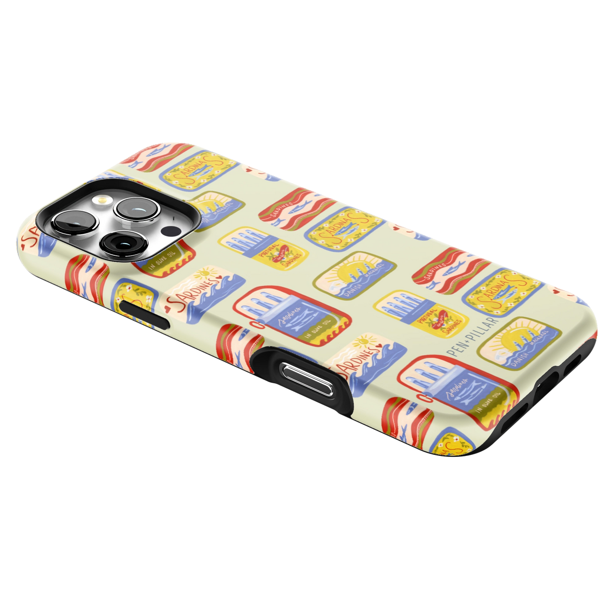 Sardines iPhone 16 Pro Max case lying at an angle, showing the side buttons and print wrapping the edges