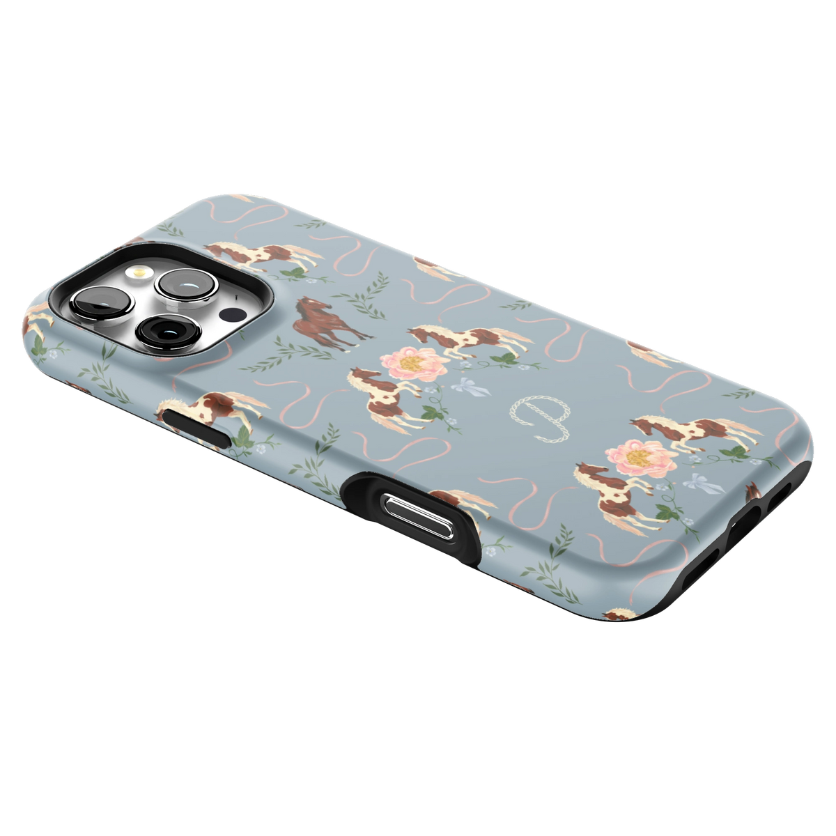 Prairie Personalized iPhone 16 Pro Max case lying at an angle, showing the side buttons and print wrapping the edges