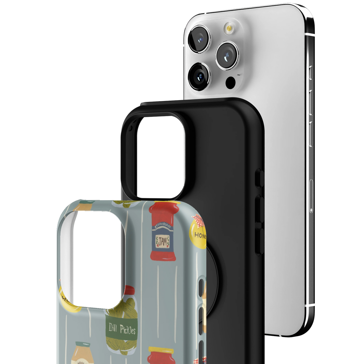 Exploded view of the Preserves Personalized iPhone 16 Pro Max case: printed shell, black inner layer with MagSafe ring, and phone