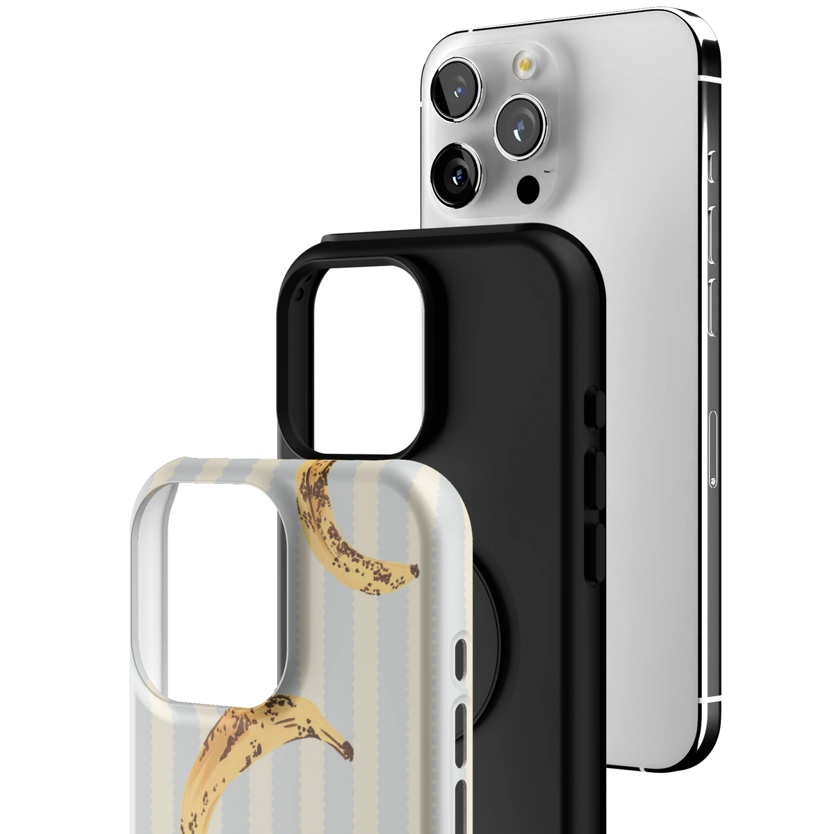 Exploded view of the Striped Bananas Personalized iPhone 16 Pro Max case: printed shell, black inner layer with MagSafe ring, and phone