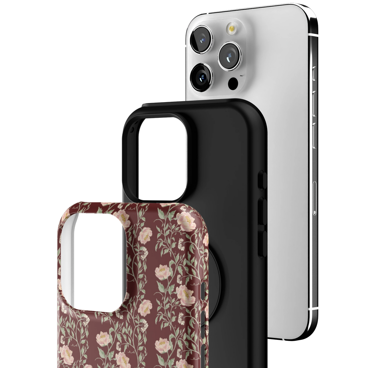 Exploded view of the Thicket iPhone 16 Pro Max case: printed shell, black inner layer with MagSafe ring, and phone