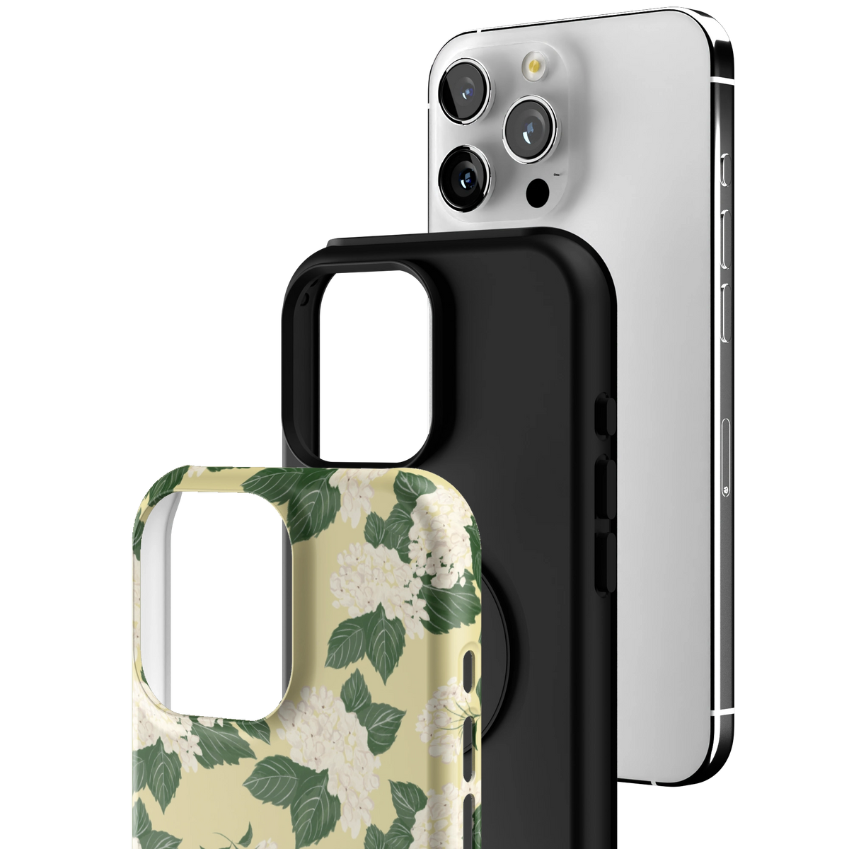 Exploded view of the Hydrangea iPhone 16 Pro Max case: printed shell, black inner layer with MagSafe ring, and phone