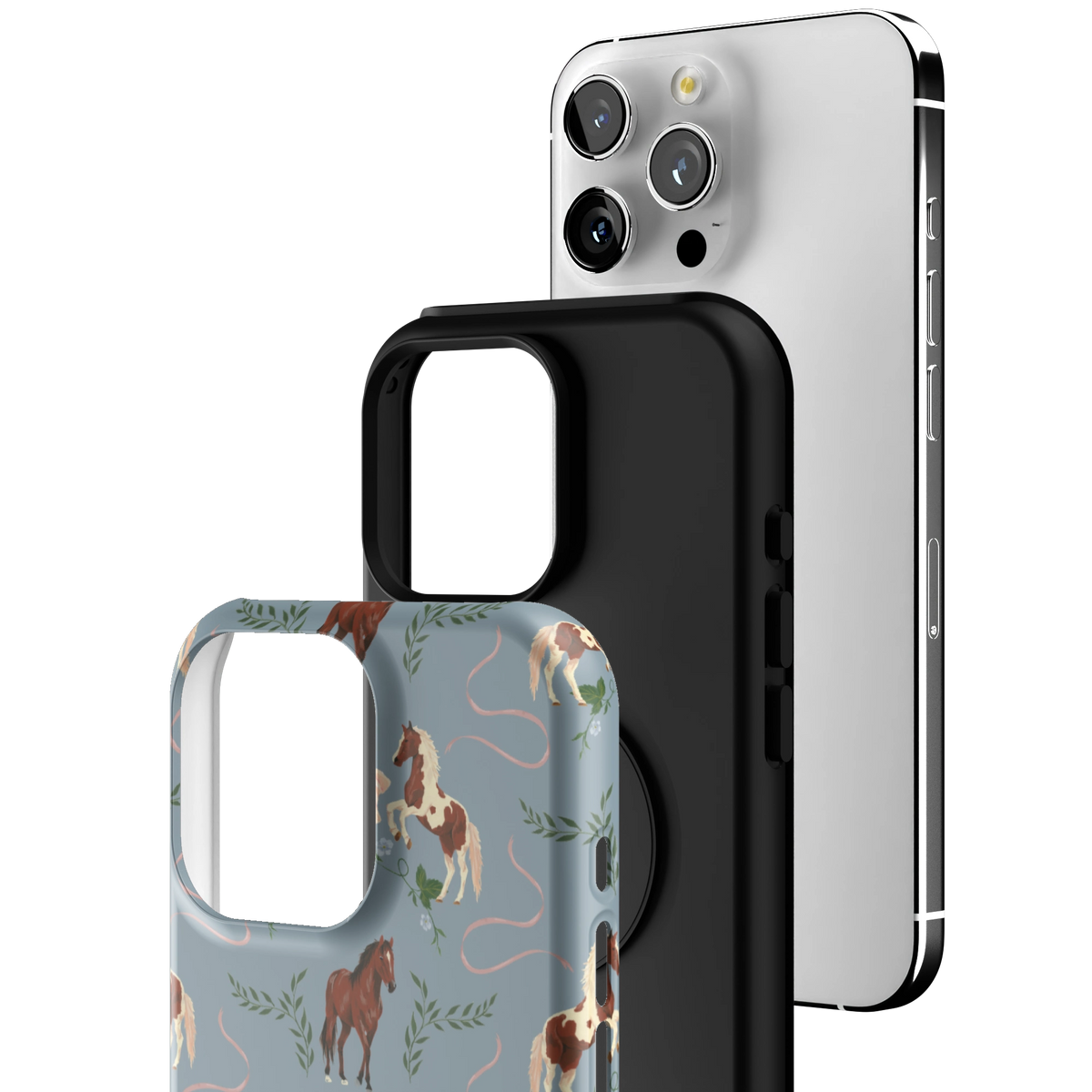 Exploded view of the Prairie Personalized iPhone 16 Pro Max case: printed shell, black inner layer with MagSafe ring, and phone