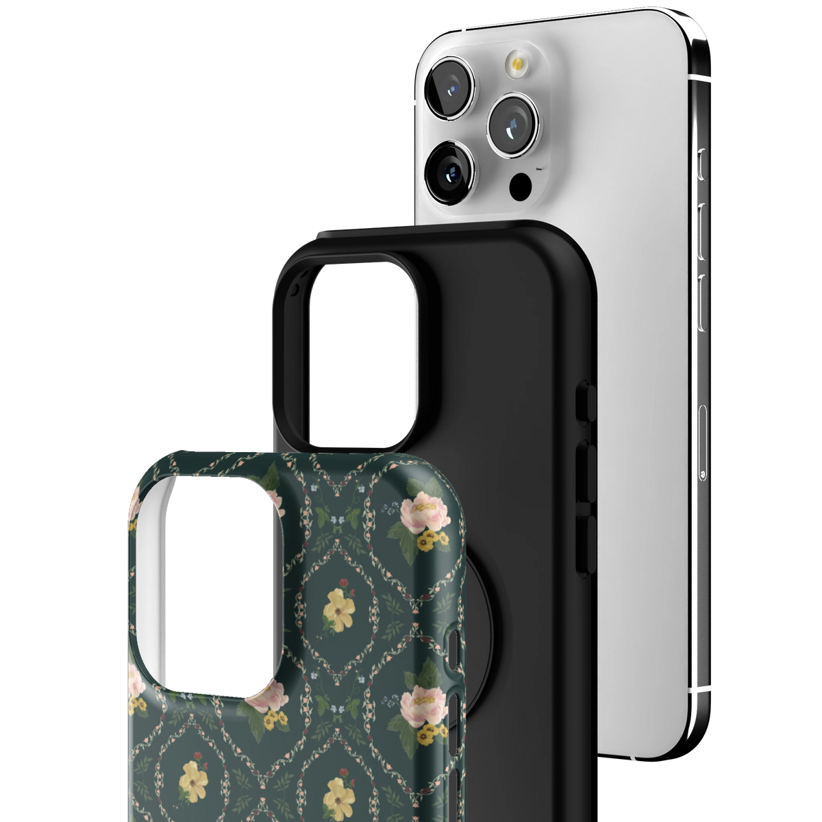 Exploded view of the Meadow iPhone 16 Pro Max case: printed shell, black inner layer with MagSafe ring, and phone