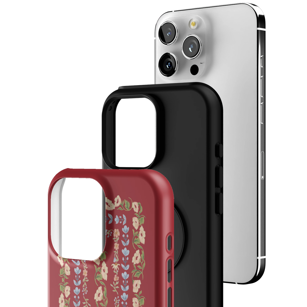 Exploded view of the Fiona iPhone 16 Pro Max case: printed shell, black inner layer with MagSafe ring, and phone