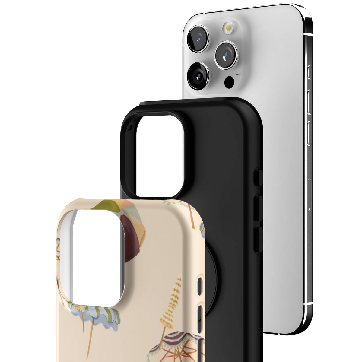 Exploded view of the Umbrellas iPhone 16 Pro Max case: printed shell, black inner layer with MagSafe ring, and phone