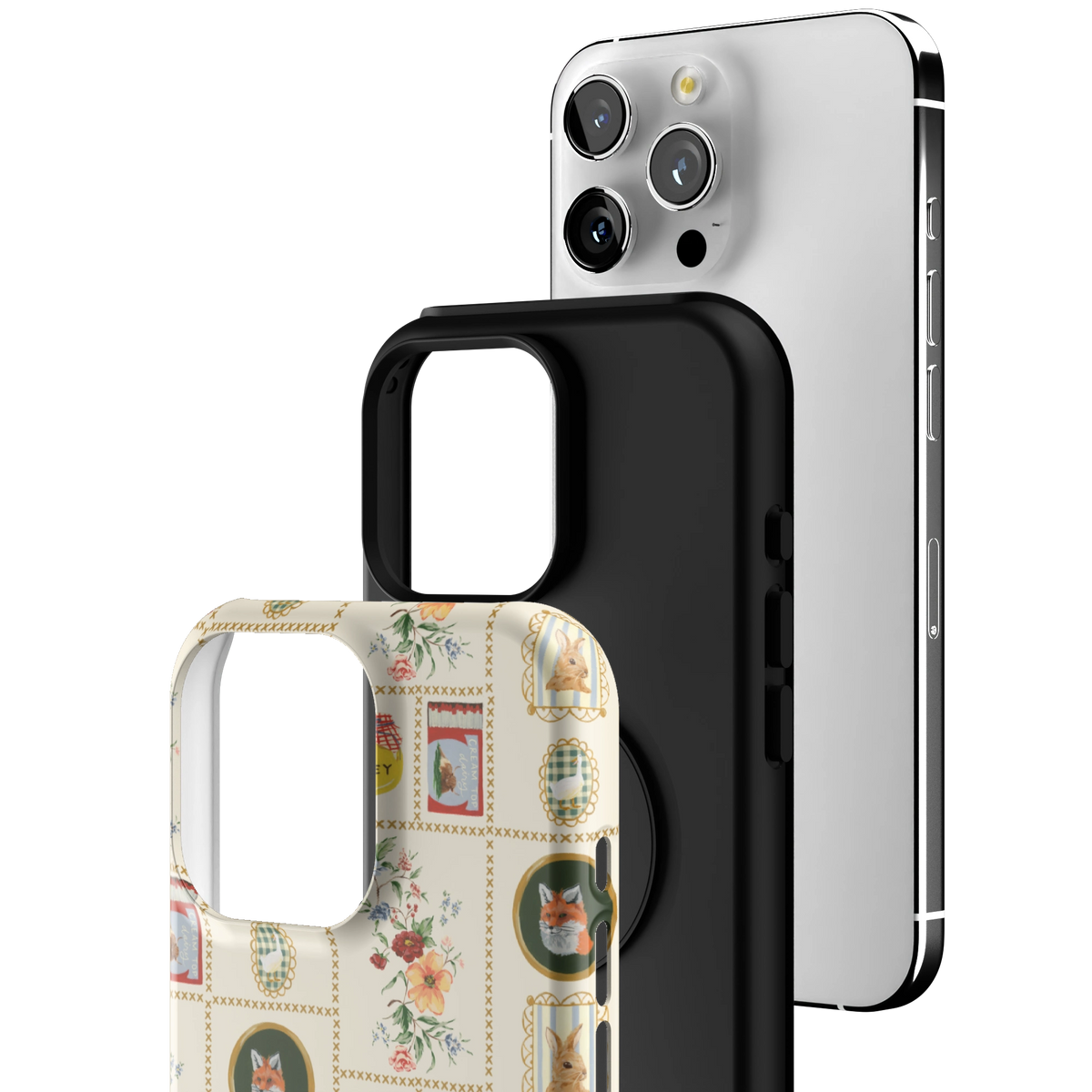 Exploded view of the Sampler Personalized iPhone 16 Pro Max case: printed shell, black inner layer with MagSafe ring, and phone