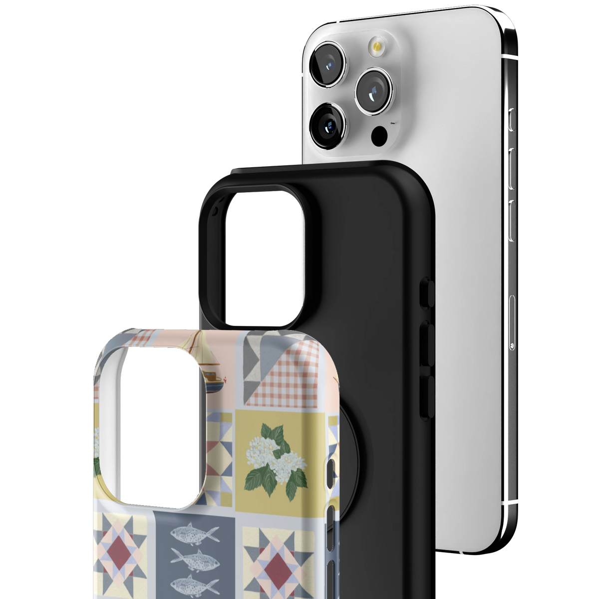 Exploded view of the Coastal Quilt iPhone 16 Pro Max case: printed shell, black inner layer with MagSafe ring, and phone