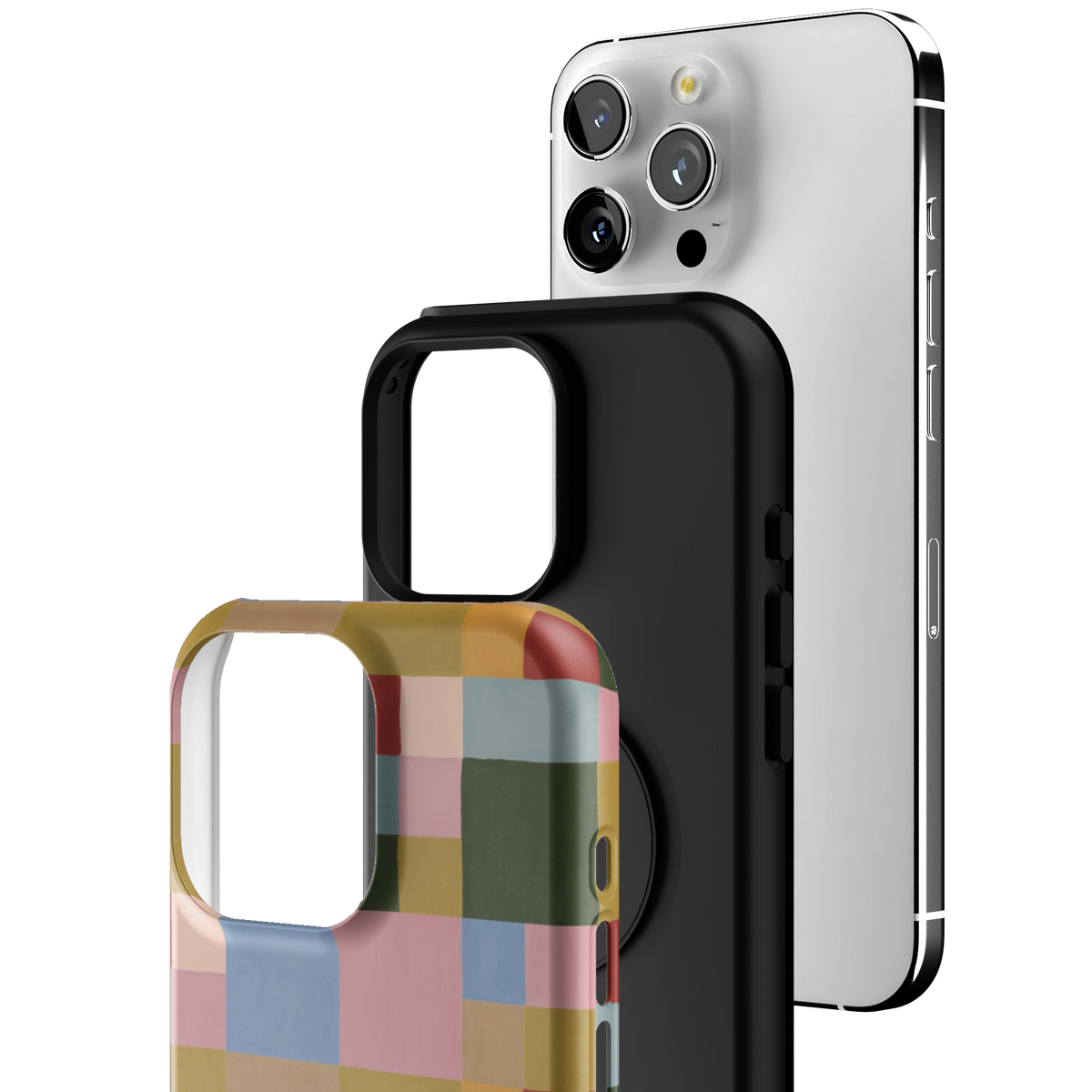 Exploded view of the Colorblock iPhone 16 Pro Max case: printed shell, black inner layer with MagSafe ring, and phone