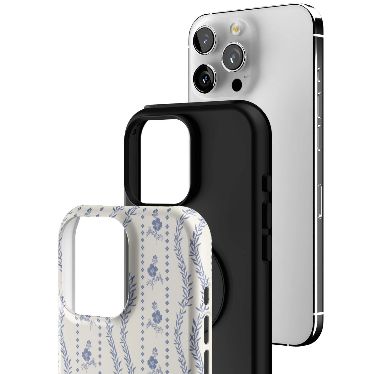 Exploded view of the Riviera iPhone 16 Pro Max case: printed shell, black inner layer with MagSafe ring, and phone
