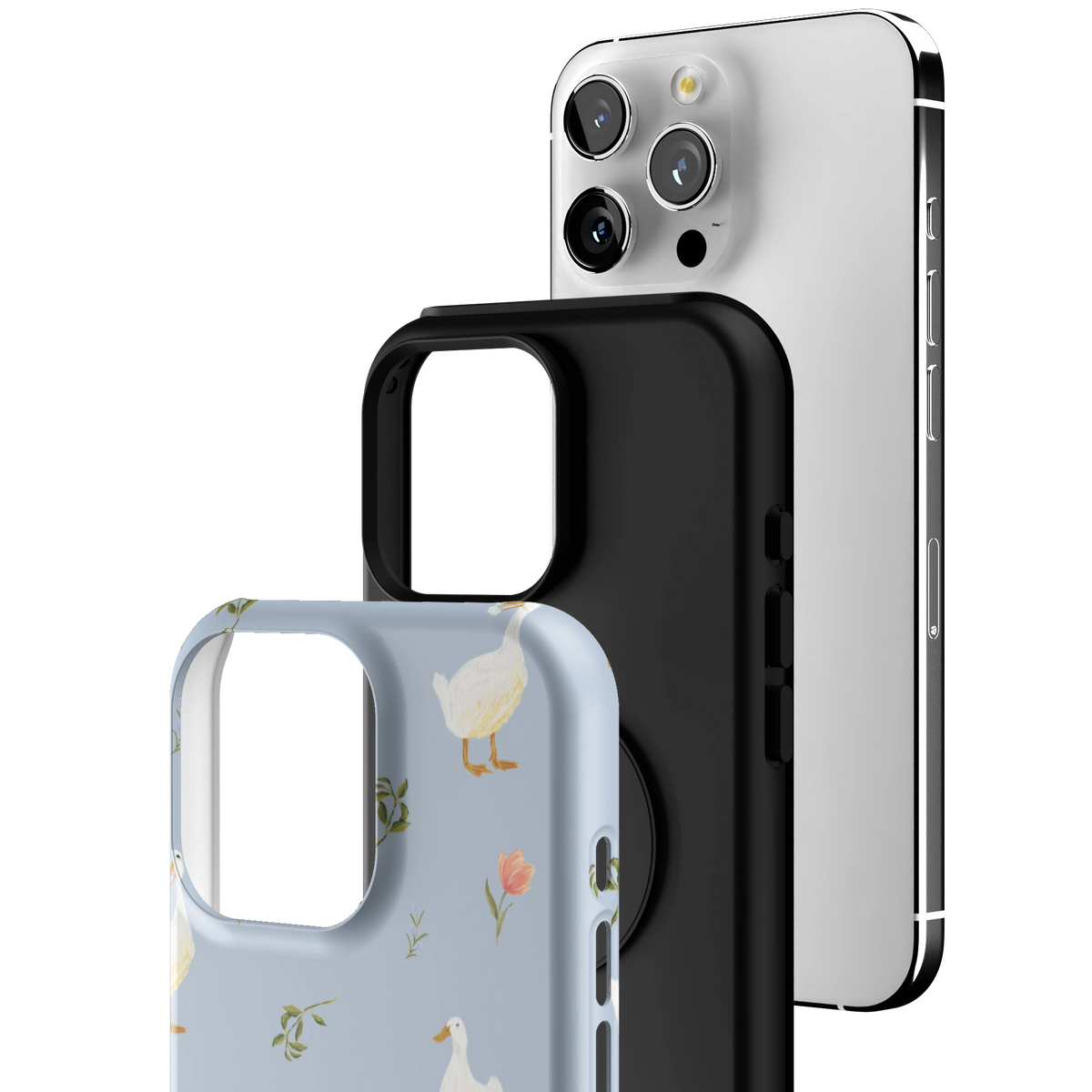 Exploded view of the Ducks iPhone 16 Pro Max case: printed shell, black inner layer with MagSafe ring, and phone