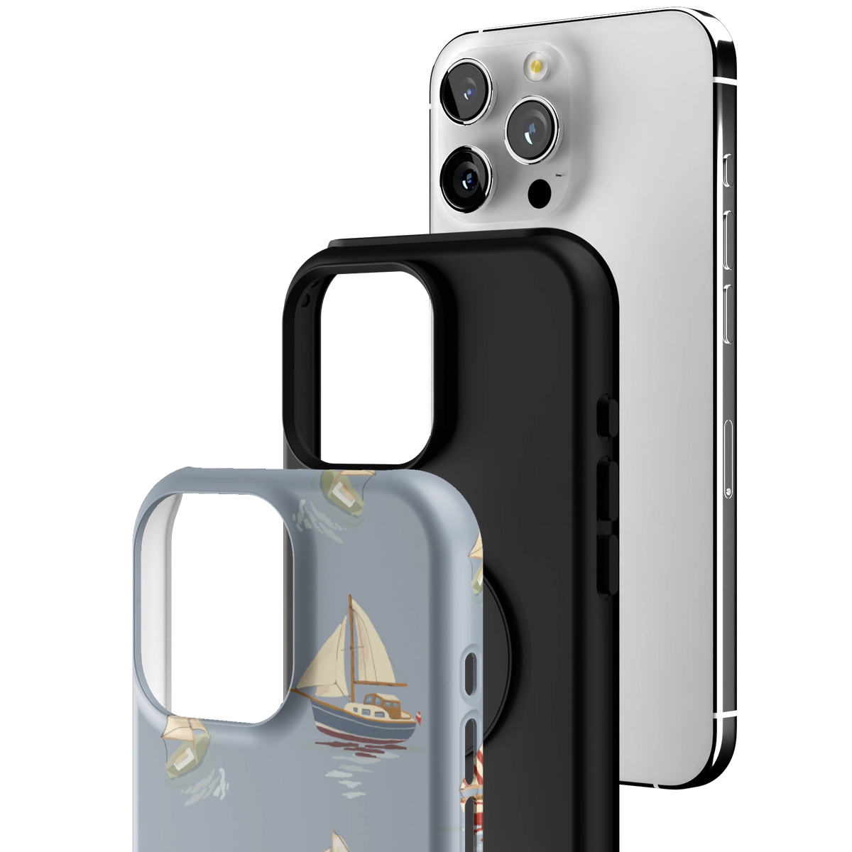 Exploded view of the Harbor iPhone 16 Pro Max case: printed shell, black inner layer with MagSafe ring, and phone