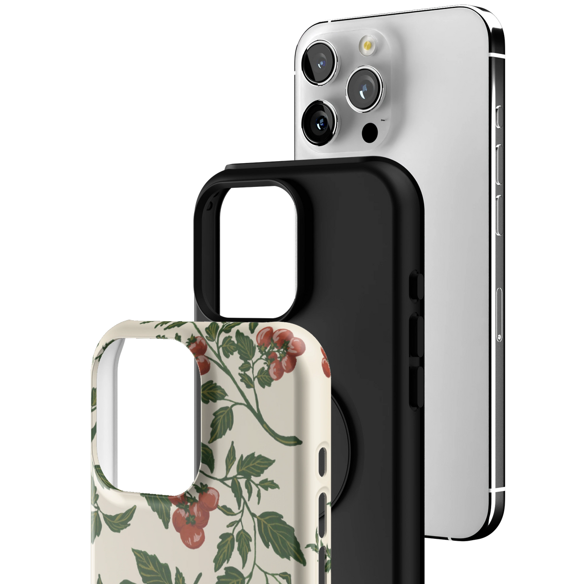 Exploded view of the Tomato Vines iPhone 16 Pro Max case: printed shell, black inner layer with MagSafe ring, and phone
