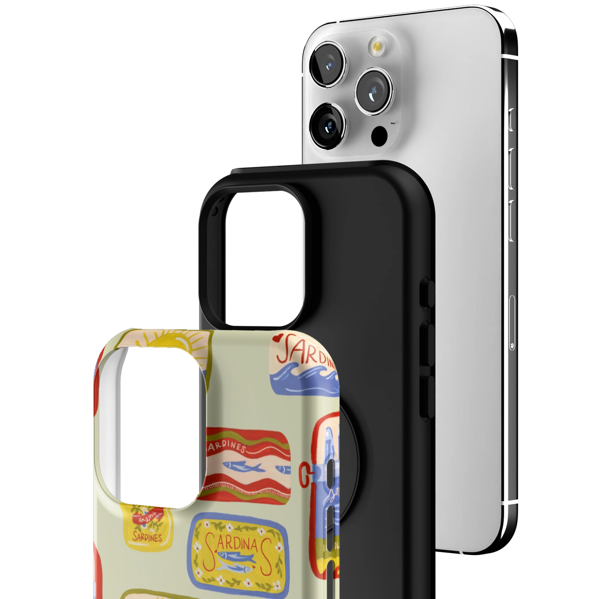 Exploded view of the Sardines Personalized iPhone 16 Pro Max case: printed shell, black inner layer with MagSafe ring, and phone